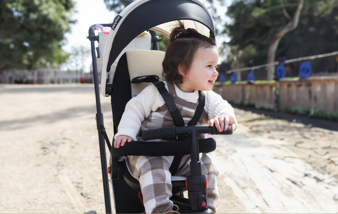 a baby sitting in a stroller